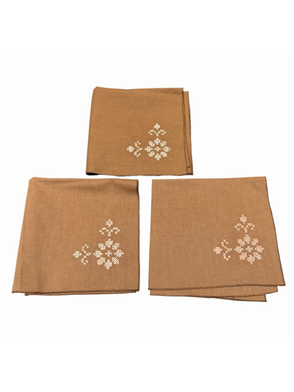 Vintage Set of 3 Brown Linen Embroidered Napkins Pink Cross Stitch Floral Table